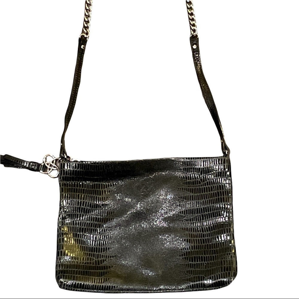 Stella & Dot Genuine LeatherSnakeskin Black Crossbody Purse w/ Silver Chain